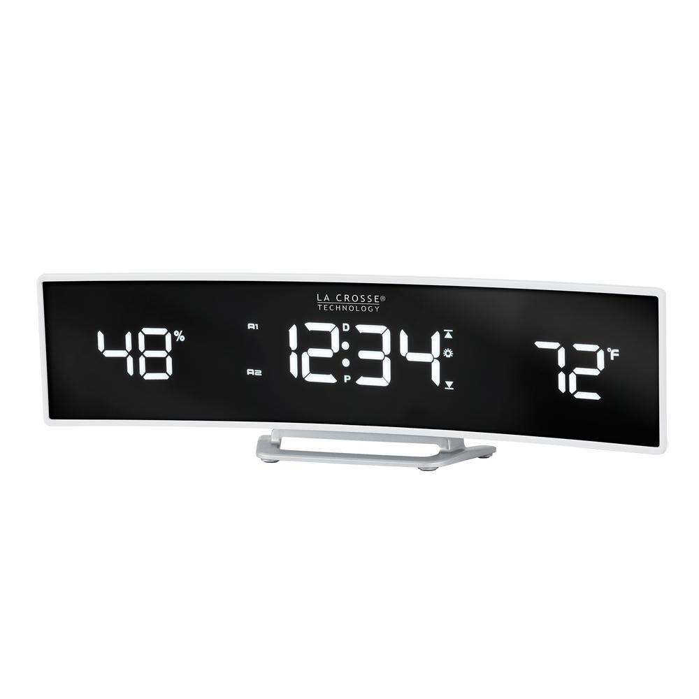 White Curved Alarm Clock with Mirrored LED Lens Display