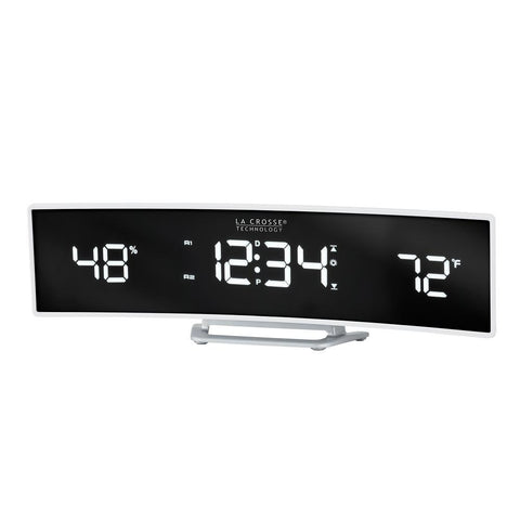 White Curved Alarm Clock with Mirrored LED Lens Display